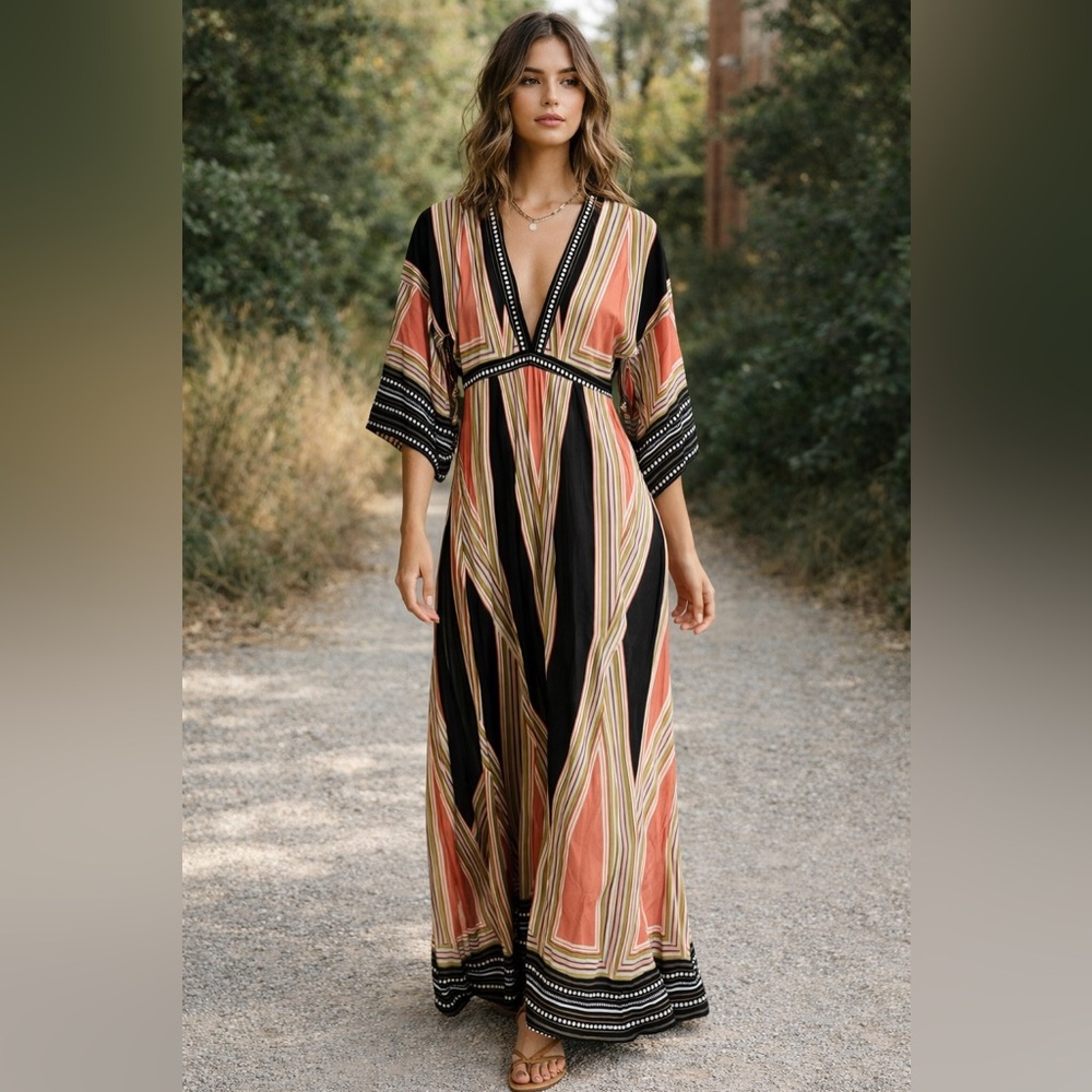Lulus Geometric Stripe Empire Waist Maxi Dress